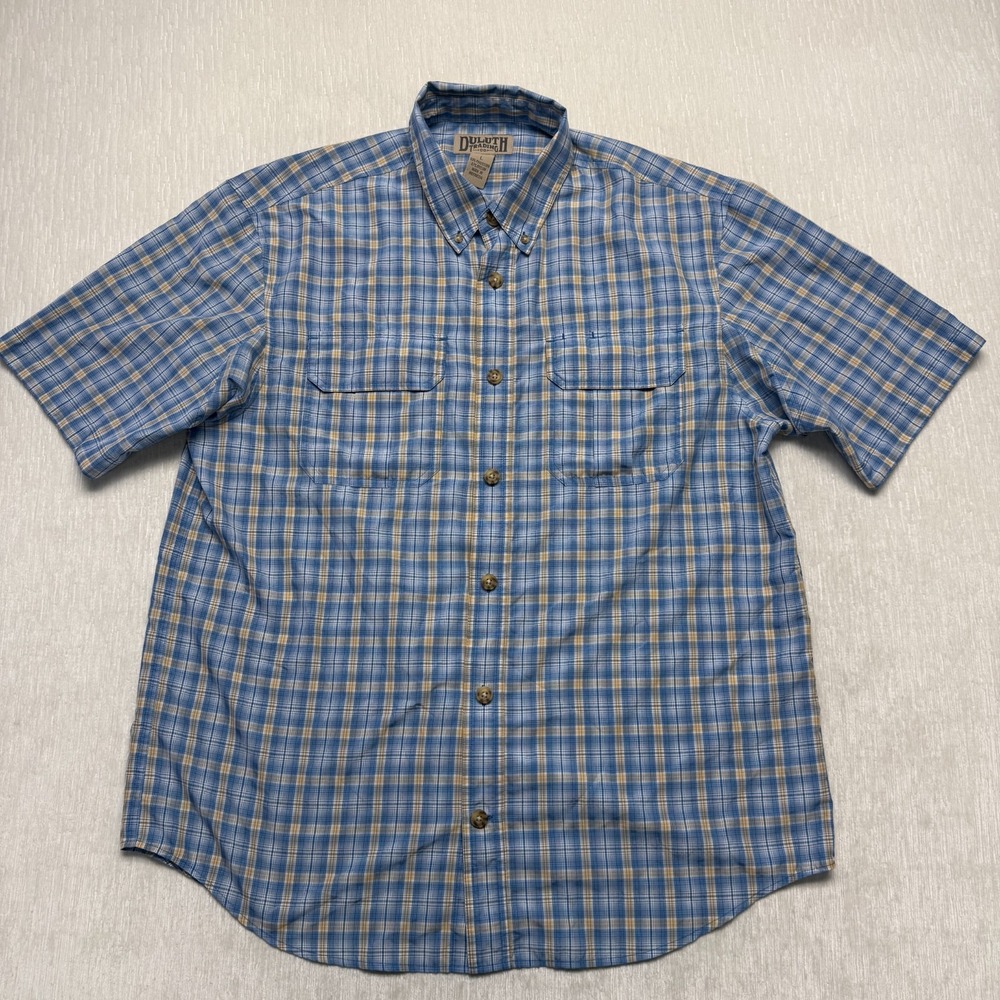 Duluth Trading Mens Large Blue Tartan Plaid Short Sleeve Button Down Shirt L